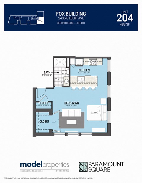 Floor plan for studio, 1 bath, 483 sqft